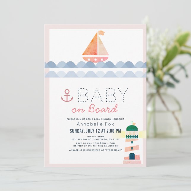 Invitation Bébé à bord Baby shower Nautique rose fille (Debout devant)