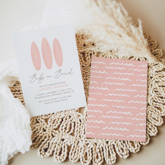 Invitation Bébé à bord Pink Surfboard Baby shower fille (Créateur téléchargé)