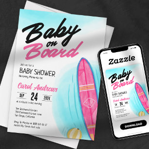 Invitation Bébé à Bord Planche de Surf Rose Baby Shower