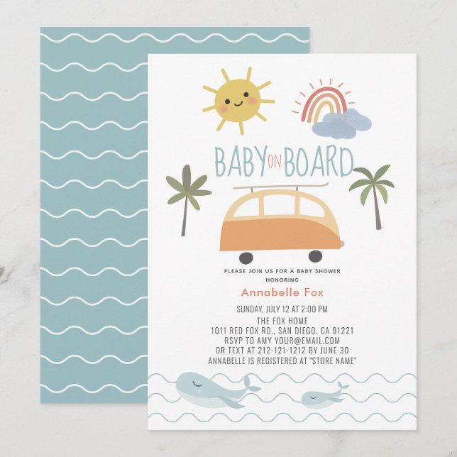 Invitation Bébé à bord Sunshine Rainbow Van Baby shower (Devant / Derrière)