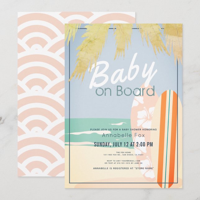 Invitation Bébé à bord Surf de plage Baby shower fille (Devant / Derrière)