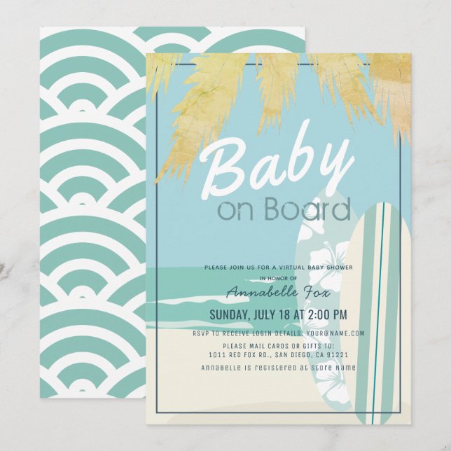 Invitation Bébé à bord Surf de plage garçon Baby shower virtu (Devant / Derrière)