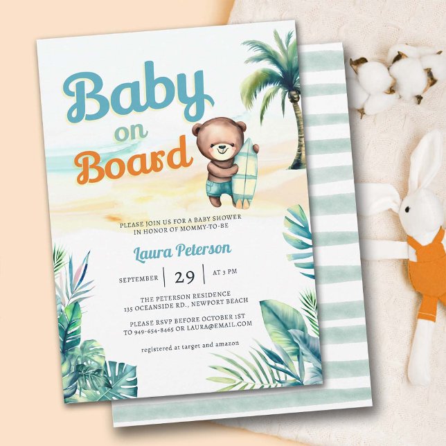 Invitation Bébé à bord Surf Tropical Cute Boy Baby shower (baby on board surf beach tropical paradise baby boy shower invitation cute watercolor illustration)