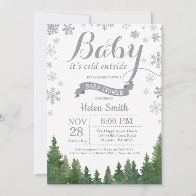 Invitation Bébé à l'extérieur du Baby shower gris d'hiver (Devant)