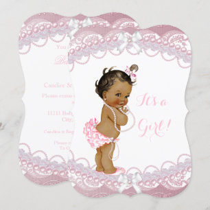 Invitation Bébé adorable Fille de douche Rose Perles Dentelle