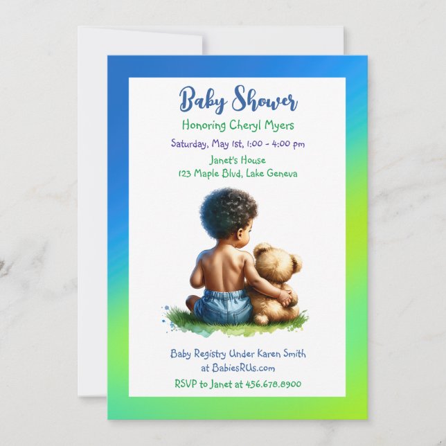 Invitation Bébé afro-américain avec Baby shower Teddy (Devant)
