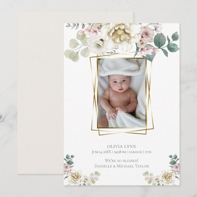 Invitation Bébé | Ajouter Photo Alabaster Peonies Gold Frame (Devant / Derrière)