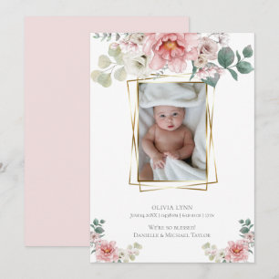 Invitation Bébé Ajouter Photo Baby Pink Peonies Gold Frame