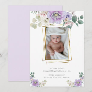 Invitation Bébé   Ajouter Photo Violet Peonies Gold Frame
