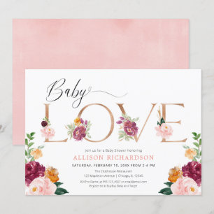 Invitation Bébé amour rose or bordeaux rousse fille douche