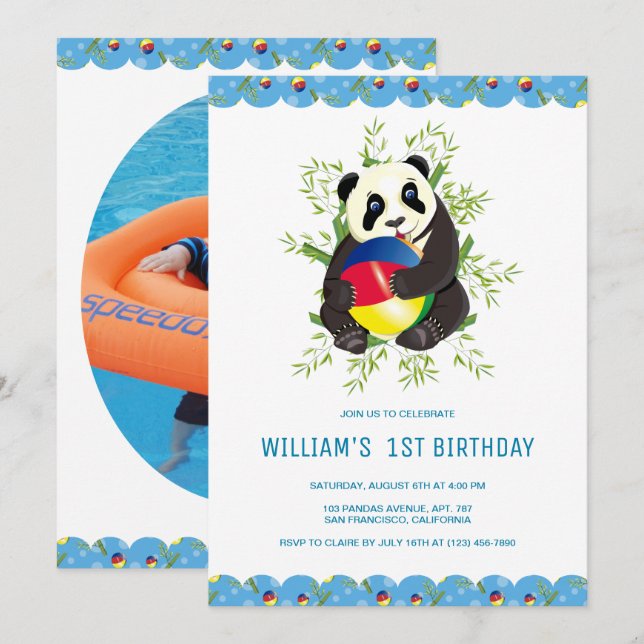 Invitation Bébé amusant Panda Jouer Ball Joyeux 1er anniversa (Devant / Derrière)