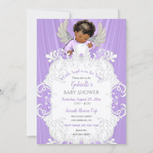 Invitation Bébé Ange Lavande Argent Ton Peau Foncé
