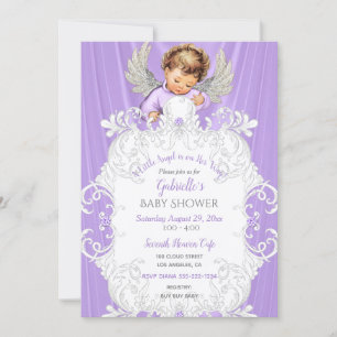 Invitation Bébé Ange Lavande Lumière Peau Ton Argenté