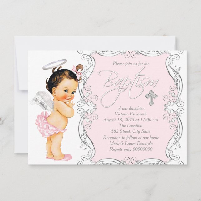 Invitation Bébé Ange rose Fille Baptême (Devant)