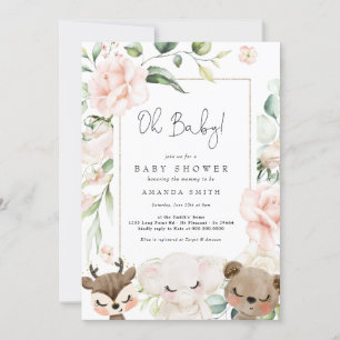 Invitation Bébé Animal Fleurs rousses Bébé Fille Rose Douche 
