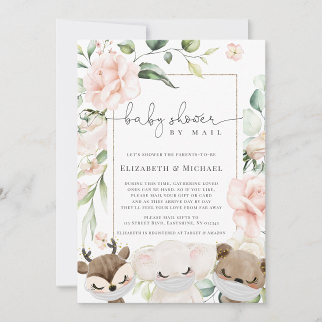 Invitation Bébé Animal Flush Flowers Baby shower Par Courrier (Devant)