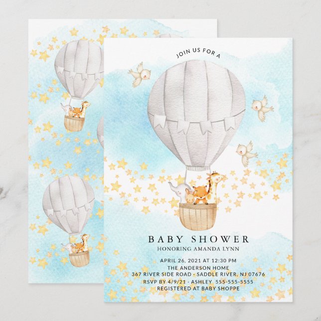 Invitation Bébé Animaux à air chaud Baby shower neutre (Devant / Derrière)