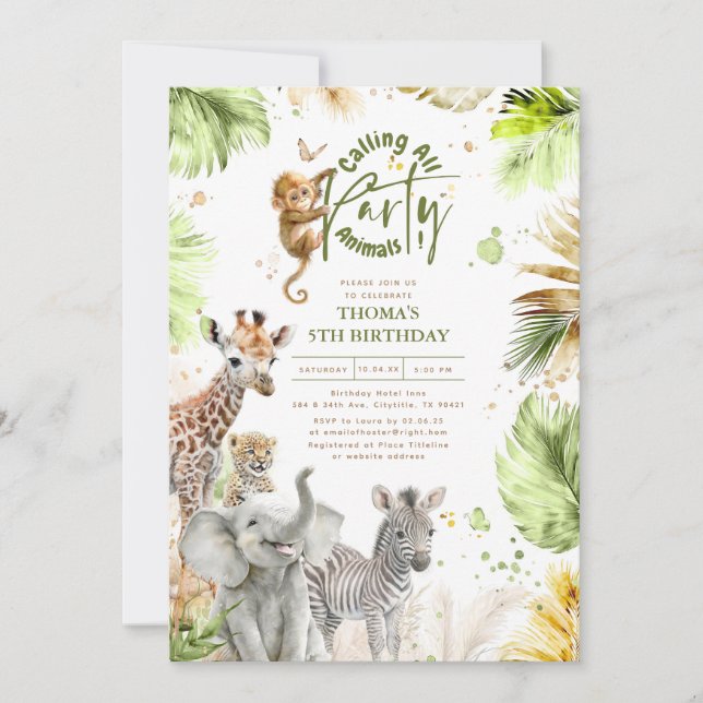 Invitation Bébé Animaux Sauvage Jungle Safari Mignonne Amusan (Devant)