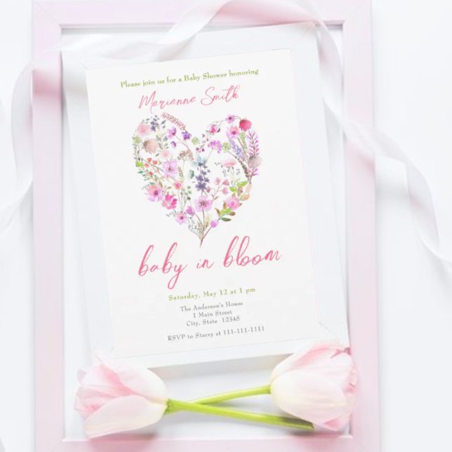 Invitation Bébé au coeur rose fleuri dans le Baby shower en f (Créateur téléchargé)