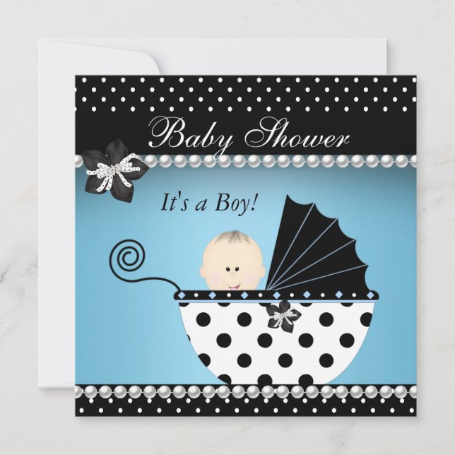 Invitation Bébé Baby shower mignonne Garçon bleu Pram noir (Devant)