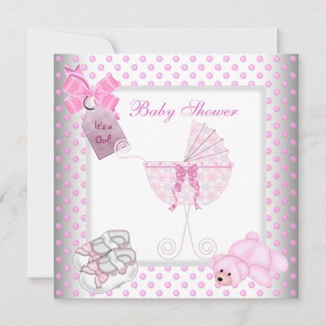 Invitation Bébé Baby shower mignonne Pram de transport rose (Devant)