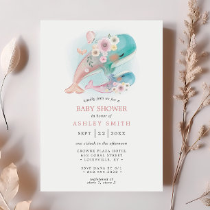 Invitation Bébé Baleines Fille Fleurs Aquarelle Shower