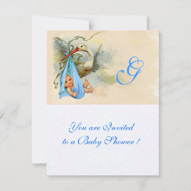 INVITATION BÉBÉ BÉBÉ BLEUE DOUCHE MONOGRAMME BLANC (Devant)