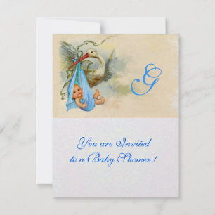 INVITATION BÉBÉ BÉBÉ BLEUE DOUCHE MONOGRAMME BLANC