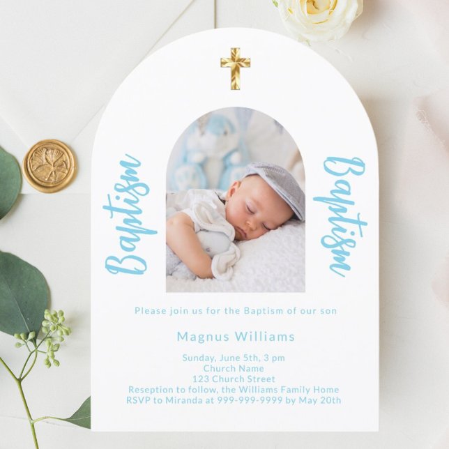 Invitation Bébé blanc bleu photo arch script garçon Baptême (Créateur téléchargé)