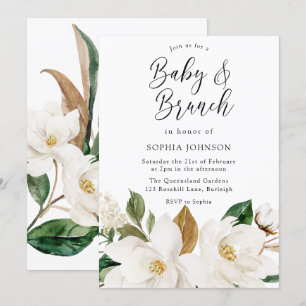 Invitation Bébé blanc floral élégant et Baby shower brunch