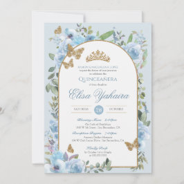 Invitation Bébé Bleu Aquarelle Bouton doré Quinceanera