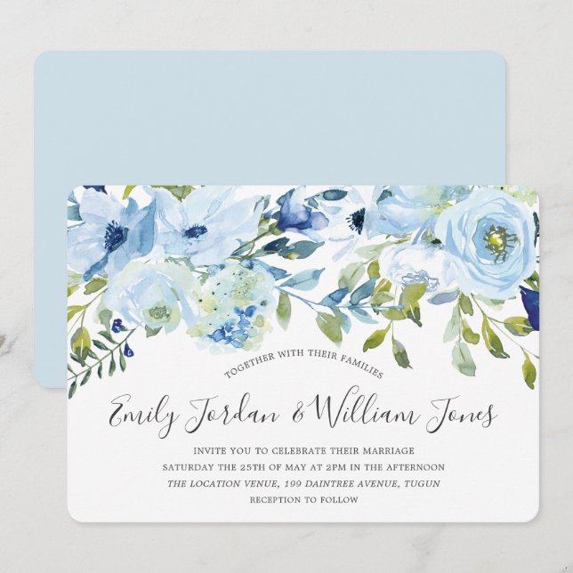 Invitation Bébé bleu aquarelle Fleurs d'hiver Mariage d'hiver (Devant / Derrière)