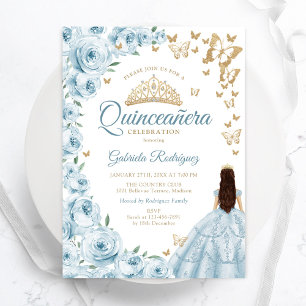Invitation Bébé bleu aquarelle Floral or Quinceanera
