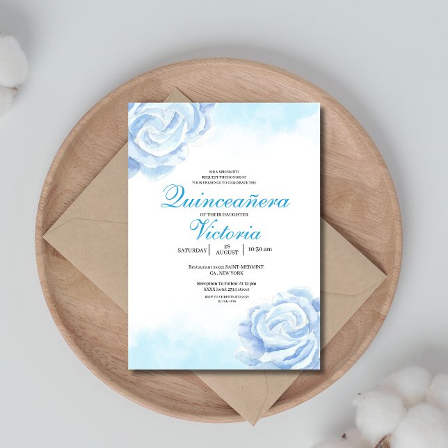 Invitation Bébé Bleu Aquarelle Floral rose Quinceanera (Créateur téléchargé)