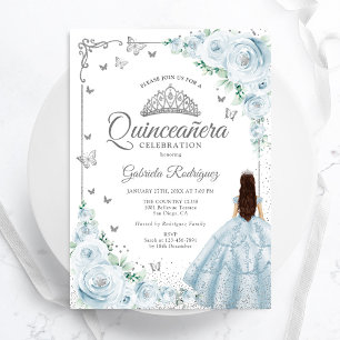 Invitation Bébé bleu aquarelle Roses argent Quinceanera