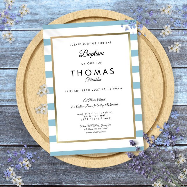 Invitation Bébé Bleu Baptême Baptême Christening (Baby Blue Stripe Baptism Christening Invitation)