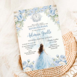 Invitation Bébé Bleu Blanc Floral Cinderella Quinceanera 15