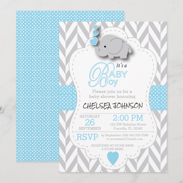 Invitation Bébé bleu, blanc gris éléphant 🐘 Baby shower (Devant / Derrière)