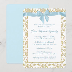 Invitation Bébé Bleu Bow et Or Damask Baptême