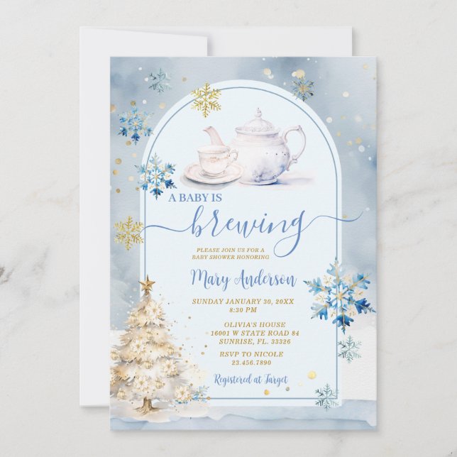 Invitation Bébé bleu brasse Tea Party Baby shower d'hiver (Devant)