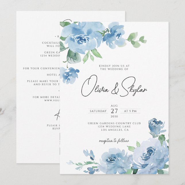 Invitation Bébé bleu clair QR Botanique tout en un Mariage (Devant / Derrière)