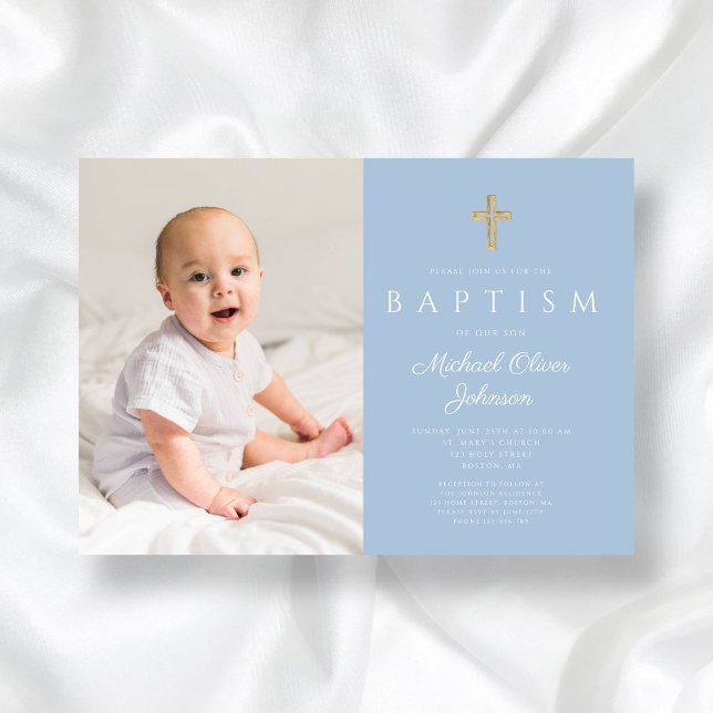 Invitation Bébé Bleu Croix Religieuse Boy Photo Baptême (Baby Blue Religious Cross Boy Photo Baptism Invitation)