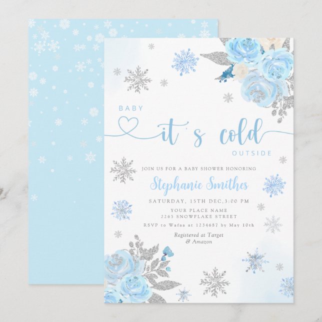 Invitation Bébé bleu d'hiver Il fait froid dehors Baby shower (Devant / Derrière)