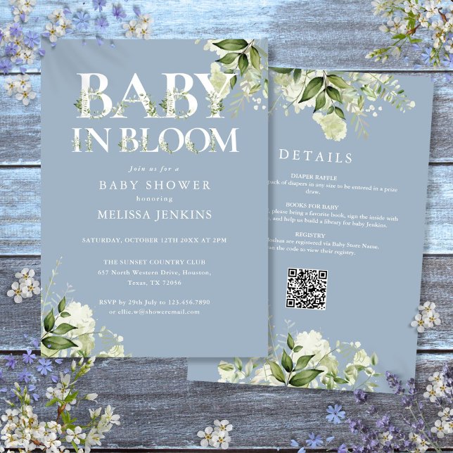 Invitation Bébé Bleu En Fleurie Tout En Un Baby shower (Blue Baby In Bloom Greenery All In One Baby Shower Invitation)
