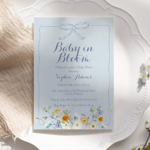 Invitation Bébé bleu en fleurs Bow Fleur sauvage Baby shower 