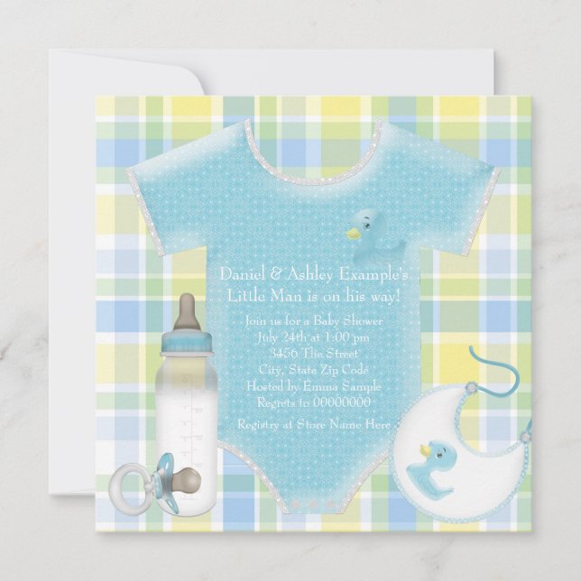 Invitation Bébé bleu et jaune Plaid Douche garçon (Devant)