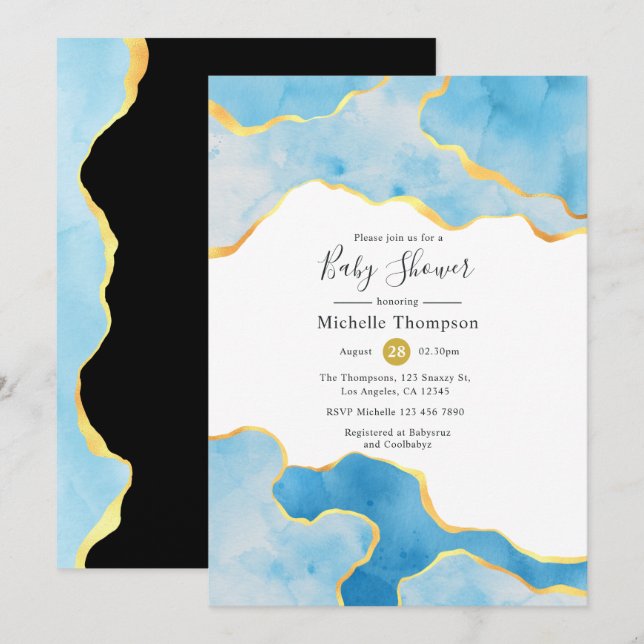 Invitation Bébé Bleu et Or Agate Baby shower garçon (Devant / Derrière)