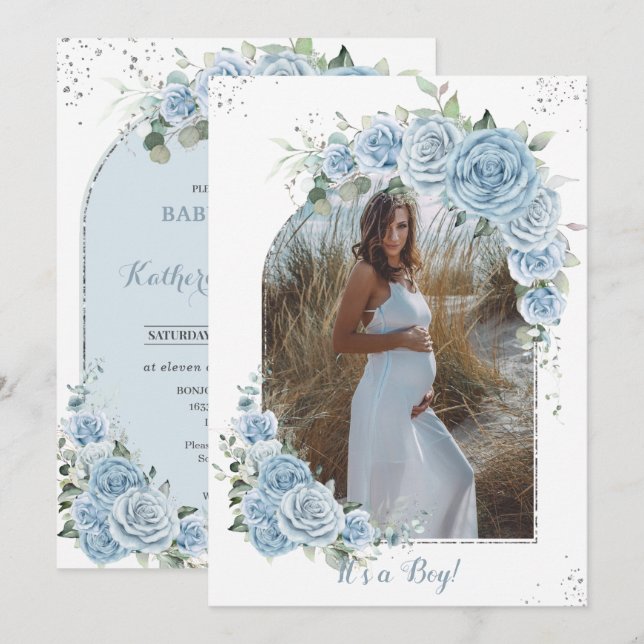 Invitation Bébé Bleu Floral Argent Baby shower Photo Arch (Devant / Derrière)
