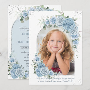 Invitation Bébé Bleu Floral Baptême Baptême Photo Arc