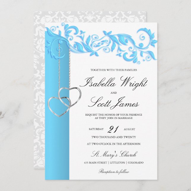 Invitation Bébé bleu floral bracelet et Mariage blanc (Devant / Derrière)